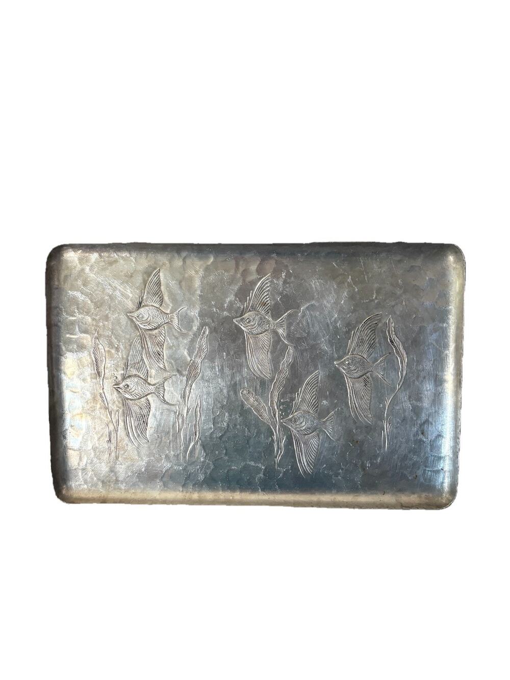 Vintage Hand Forged Everlast Metal Tray Etched Flying Fish 9”x 14” Aluminum